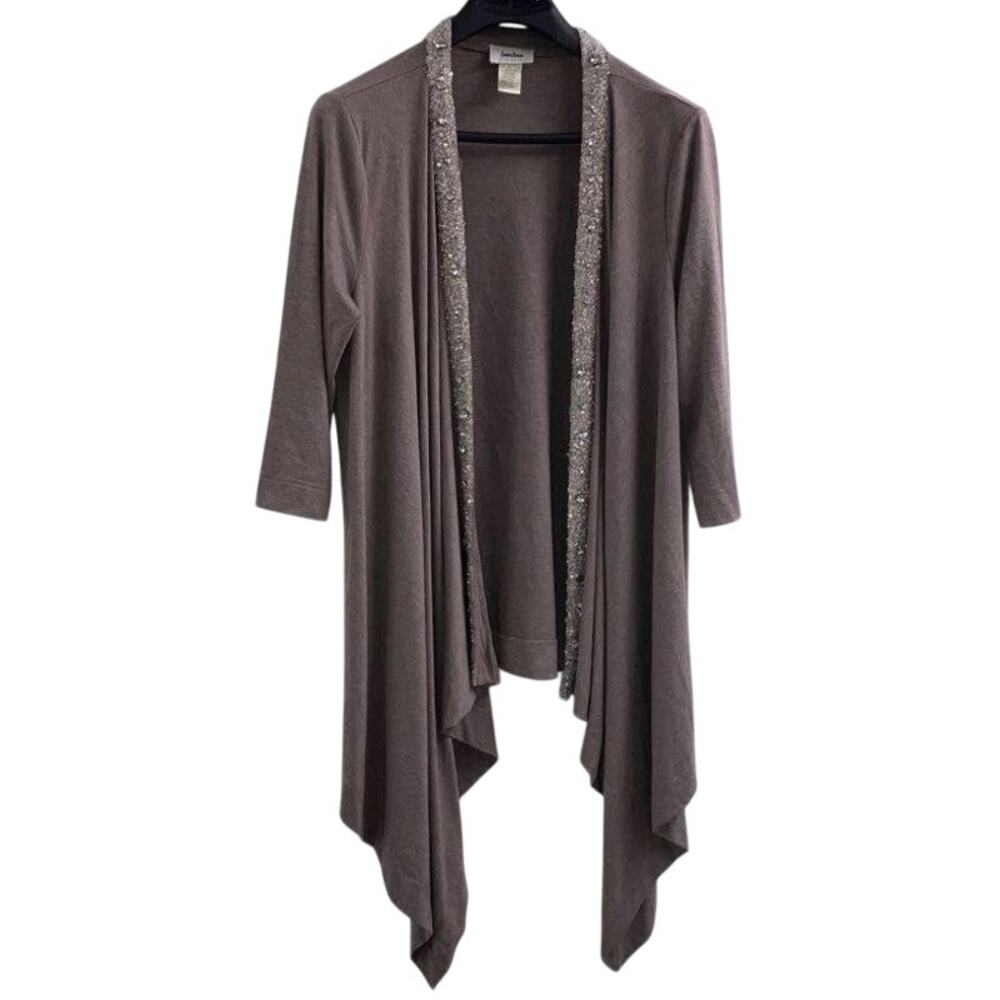 NEIMAN MARCUS Womens Large Taupe BEADED Duster CARDIGAN Open Front Sweater